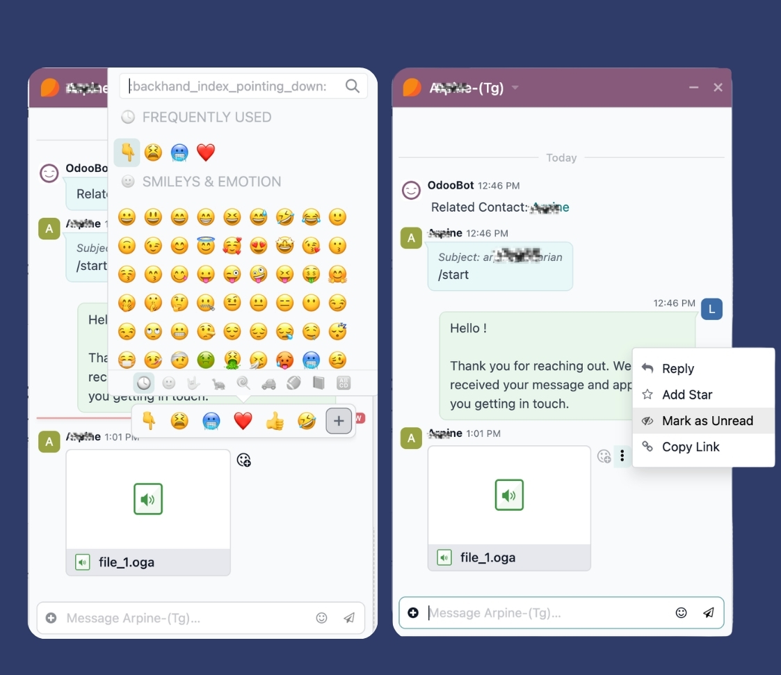 Telegram reactions, pinning, starring in Odoo